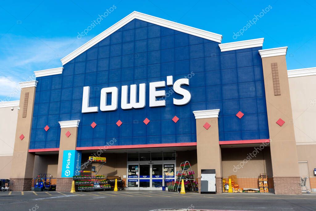 Lowes store facade, entrance and exterior. Lowes is an American retail company specializing in home improvement - Sunnyvale, California, USA - 2021