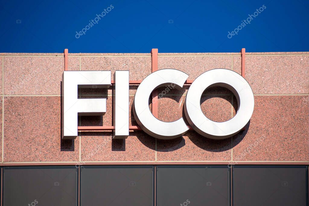 FICO logo sign on headquarters facade of Fair Isaac Corporation FICO in Silicon Valley. FICO is a data analytics company focused on credit scoring services - San Jose, California, USA - 2021