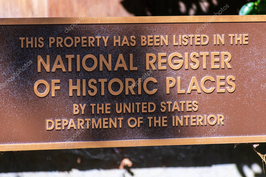 National Register of Historic Places plaque. A typical sign found on properties listed in NRHP by The United States Department of the Interior. - San Francisco, California, USA - 2021
