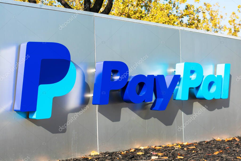 PayPal sign and logo at company headquarters in Silicon Valley. PayPal Holdings Inc. is an American company operating a worldwide online payments. - San Jose, California, USA - 2020