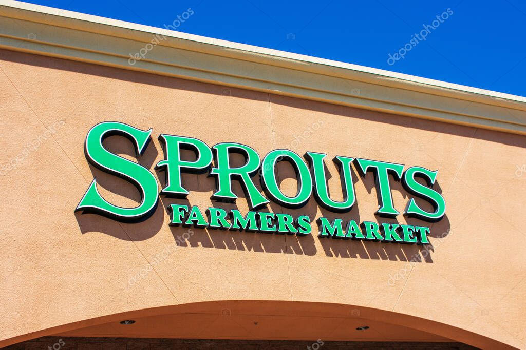 Sprouts Farmers Market sign on the retail grocery store location - San Jose California, USA - 2021