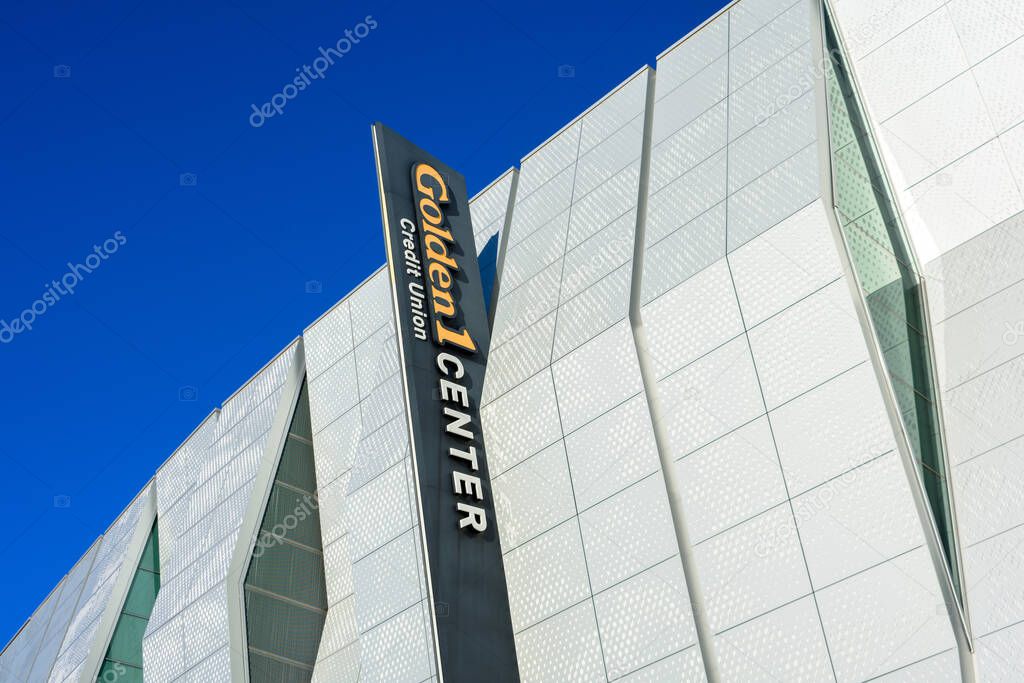 Golden 1 Center sign on the modern facade of indoor arena in downtown - Sacramento, California, USA - 2021