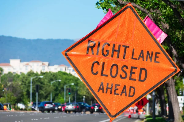 Right Lane Closed Ahead Warning Road Sign Wide City Street — Stock Photo, Image