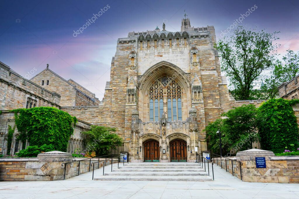 Sterling Memorial Library building exterior view. Yale University - New Haven, Connecticut, USA - 2021