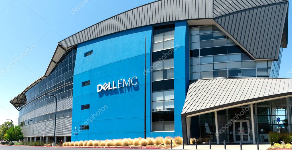 Dell EMC logo, sign on computer data storage company office in Silicon Valley - Santa Clara, California, USA - 2021
