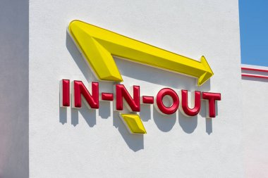 In-N-Out sign on fast food chain restaurant facade of In-N-Out Burger company - San Jose, California, USA - 2021