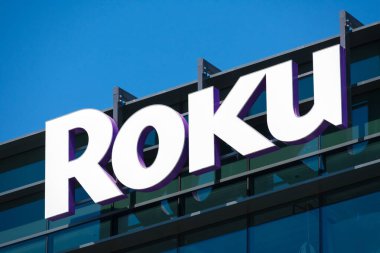 Roku sign and logo on facade of consumer electronics and broadcast media company headquarters in Silicon Valley - San Jose, California, USA - 2021