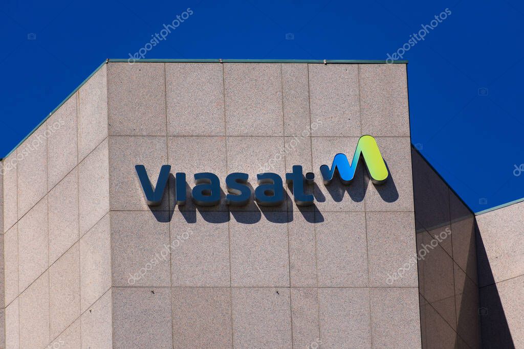 Viasat sign, logo on headquarters building. Viasat Inc. is an American communications company. - San Jose, California, USA - 2021