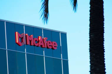 McAfee sign, logo on Silicon Valley headquarters of global computer security software company. - San Jose, California, USA - 2021 clipart