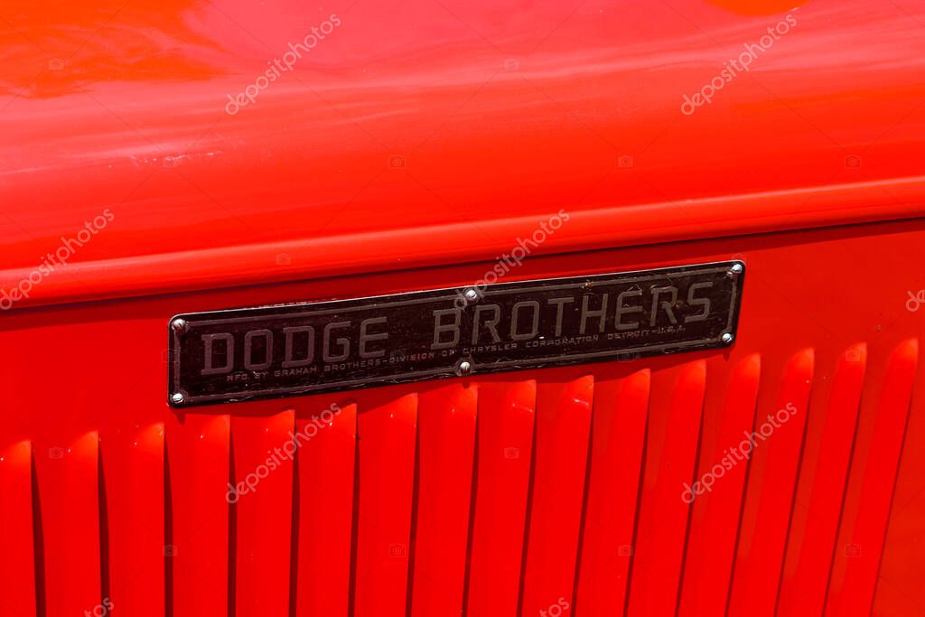 Dodge Brothers manufactured by Graham Brothers sign on a vintage Dodge Brothers fire truck. - Columbia, California, USA - 2021