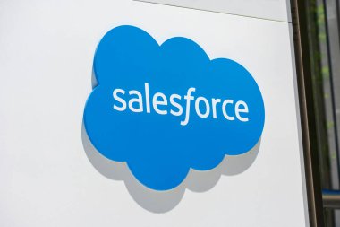 Salesforce cloud logo at software company headquarters. Close up - San Francisco, California, USA - 2021