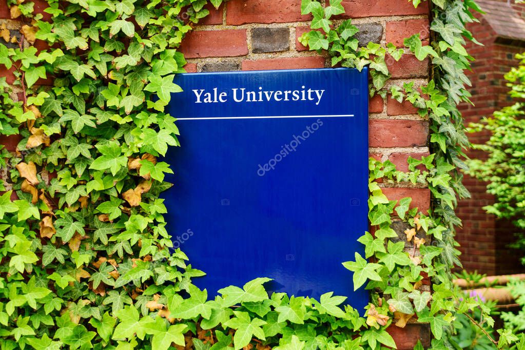 Yale University sign on brick building surrounded by green vines - New Haven, Connecticut, USA - 2021