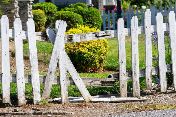 Broken fence. Damaged weathered white picket fence with broken rails and planks in residential neighborhood