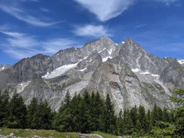 Güneşli bir günde Alp dağlarının manzarası. Rocky tepeleri. Çayırlar, yürüyüş yolları.