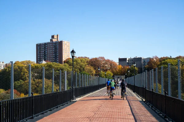 Ciclistas Montados Bicicletas Puente Con Edificios Árboles Alrededor —  Fotos de Stock