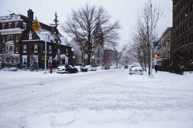 Brooklyn, New York sokaklarında kar kaplı arabaların park edildiği kış sahnesi
