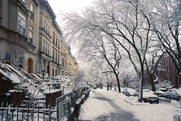 Brooklyn Lutego 2021 Scena Zimowa Pokrytymi Śniegiem Samochodami Zaparkowanymi Wzdłuż — Zdjęcie stockowe