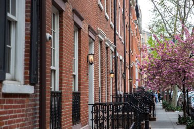 Manhattan, New York 'taki her girişte gaz lambası olan bir dizi kahverengi bina. İlkbaharda şehirde çiçek açan bir ağaç