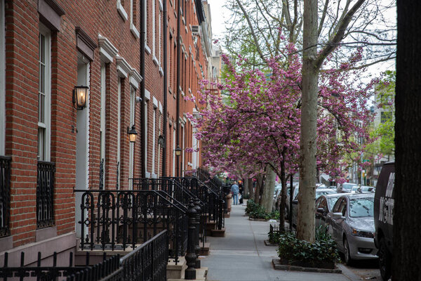 New York City - April 18 2021: a row of brownstone buildings with gas lamp at each entrance in Manhattan, New York City. Spring with blooming tree in the city