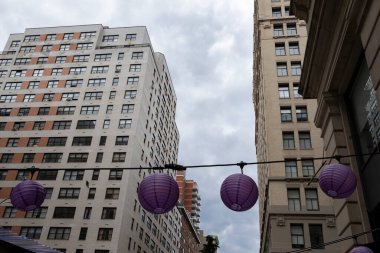 New York şehrinde uzun apartmanlar arasında asılı mor kağıt fenerler. Yukarı bakıyorum..