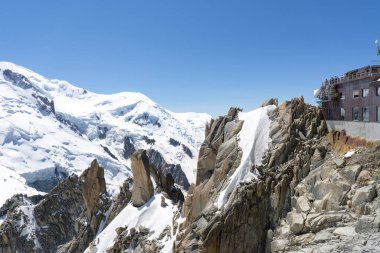 Güneşli bir günde Avrupa Alpleri 'nin panoramik bir görüntüsü. Avrupa 'nın kar ve buzullarla kaplı en yüksek dağı olarak Blanc Dağı