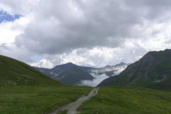 Panoramautsikt Över Avkopplande Bergslandskap Med Berg Bakgrunden Och Äng Gräs — Stockfoto