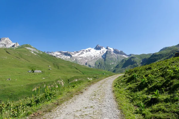 Panoramatický Pohled Relaxační Horské Scenérie Horami Pozadí Louka Tráva Pěkném — Stock fotografie