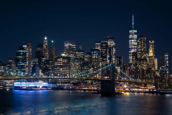 Vista Lower Manhattan Quartiere Finanziario Notte Grattacieli Con Luci Accese — Foto Stock