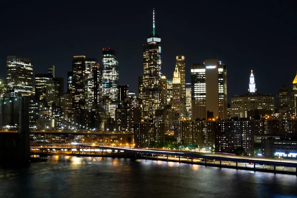 Vista Baixa Manhattan Distrito Financeiro Noite Arranha Céus Com Luzes — Fotografia de Stock