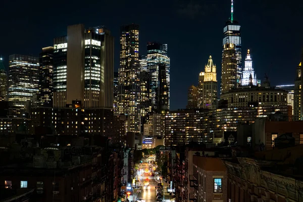 Vista Del Bajo Manhattan Distrito Financiero Por Noche Rascacielos Con — Foto de Stock