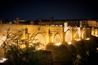 Cordoba 'daki Roma Köprüsü ve Cordoba Camii Katedrali İspanya' nın Cordoba kentinde gece aydınlatıldı.