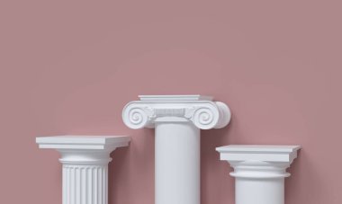 Pembe arka plandaki klasik sütunlardan yapılmış ürün sunumu için podyum. Sahne gösterisi, ürün, satış, afiş, kozmetik. 3B görüntüleme