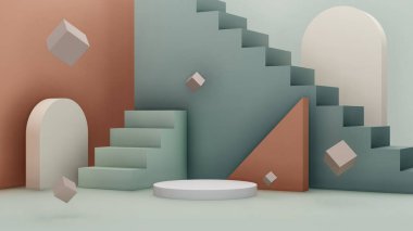 Ürün tanıtımı için üç boyutlu soyut estetik podyum sahnesi. Hafif pastel renk grafik kaynakları.