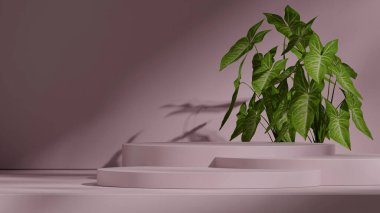 3d rendering blank space pink color curved cylinder in landscape minimal scene