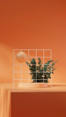 Portre ızgarası arkaplanında 3D boş model turuncu renkli kıvrımlı silindir hazırlanıyor