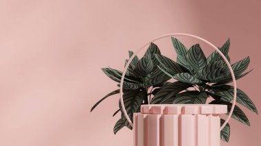 3D sahne şablonu oluşturuluyor. Pembe renkli kıvrımlı silindir manzaranın dairesel arka planında