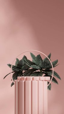 3D sahne şablonu, portre dairesel arkaplanda pembe renkli kıvrımlı silindir oluşturuluyor