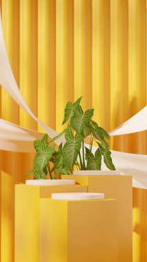 boş alan sarı renk bloğu ve silindir yüzen kumaş, 3d görüntü