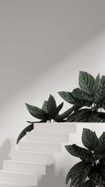 En küçük sahne, 3d resim düzenleme şablonu beyaz renkli merdiven bloğu şekli portrede