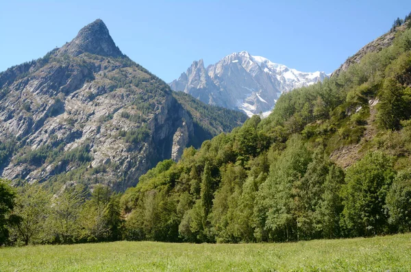 Panorama Alpino Courmayeur Vale Aosta Com Maciço Glaciar Mont Blanc — Fotografia de Stock