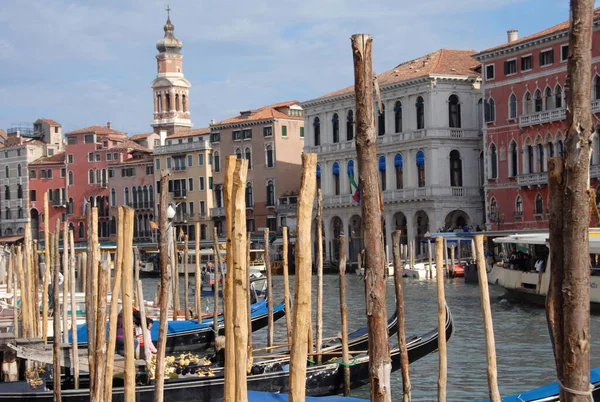Panorama Grand Canal Gondolas Parked Covered Blue Protections — Stock Photo, Image