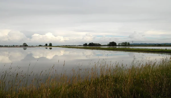 Piedmont 'un sular altında kalan çeltik tarlasında Mayıs ayında Vercelli ili güzel yansımaları ve renkleri olan bir su aynası olarak görülür..