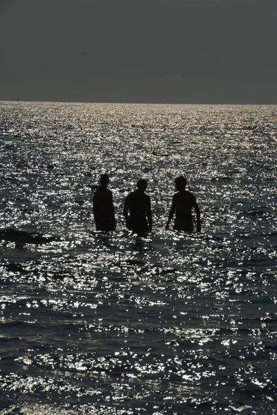 Silhouettes Boys Backlight Cilento Sea Sunset — Stock Photo, Image