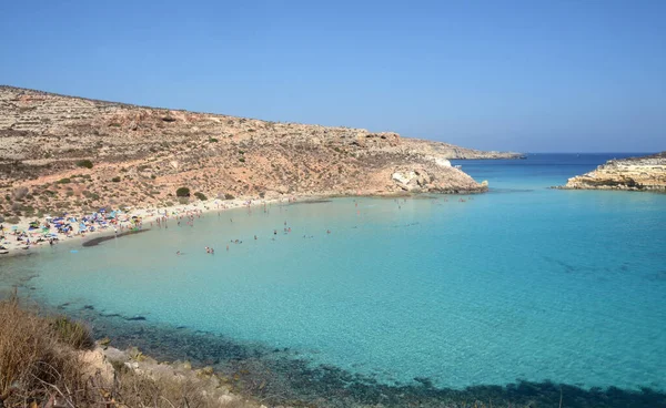 Água Transparente Azul Mar Lampedusa Praia Dos Coelhos Ilhas Pelagie Fotos De Bancos De Imagens