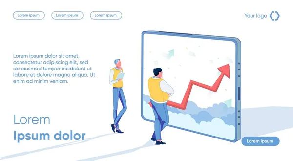Mannen Kijken Naar Rising Arrows Apparaatscherm Analyse Management Cognitieve Activiteiten — Stockvector