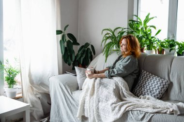 Yükümlü bir kadın kanepeye oturur, battaniyeyle kaplanır ve lezzetli bir fincan çay, kahve ya da kakao ile dinlenir. Evde sabah eğlencesi, ahenkli zihinsel durum, sakinlik, dinlenme, rahatlama.