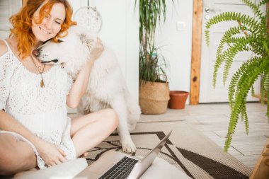 Kızıl saçlı hamile bir kadın beyaz kürklü bir köpekle dizüstü bilgisayarda çalışıyor. Boho 'da evcil bir hayvan. Hayvanlara bakma kavramı, sağlıklı yaşam tarzı, uzak çalışma ve evden çalışan kadın..