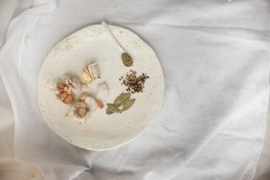 Yemek pişirme çeşnisi seti: sarımsak, defne yaprağı, biber ve el yapımı seramik tabakta bitkiler.. 