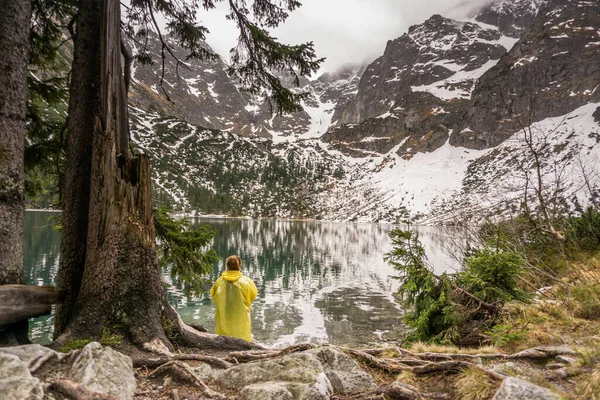 Menina Margem Belo Lago Entre Montanhas Incrível Vida Selvagem — Fotografia de Stock