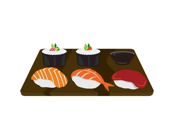 Sushi Στην Ξύλινη Πλάκα Εικονογράφηση Διάνυσμα — Διανυσματικό Αρχείο